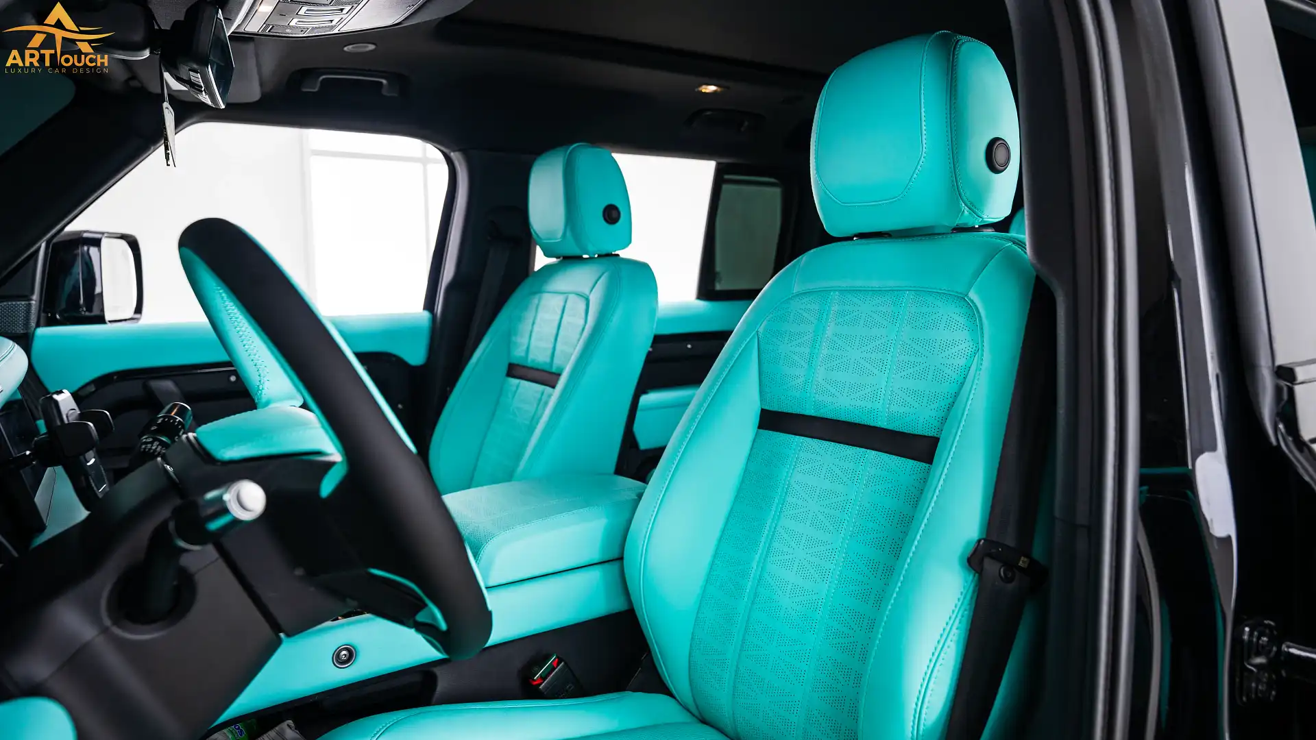 Land Rover Defender Tiffany Blue Leather Interior Upholstery Dubai ART Touch