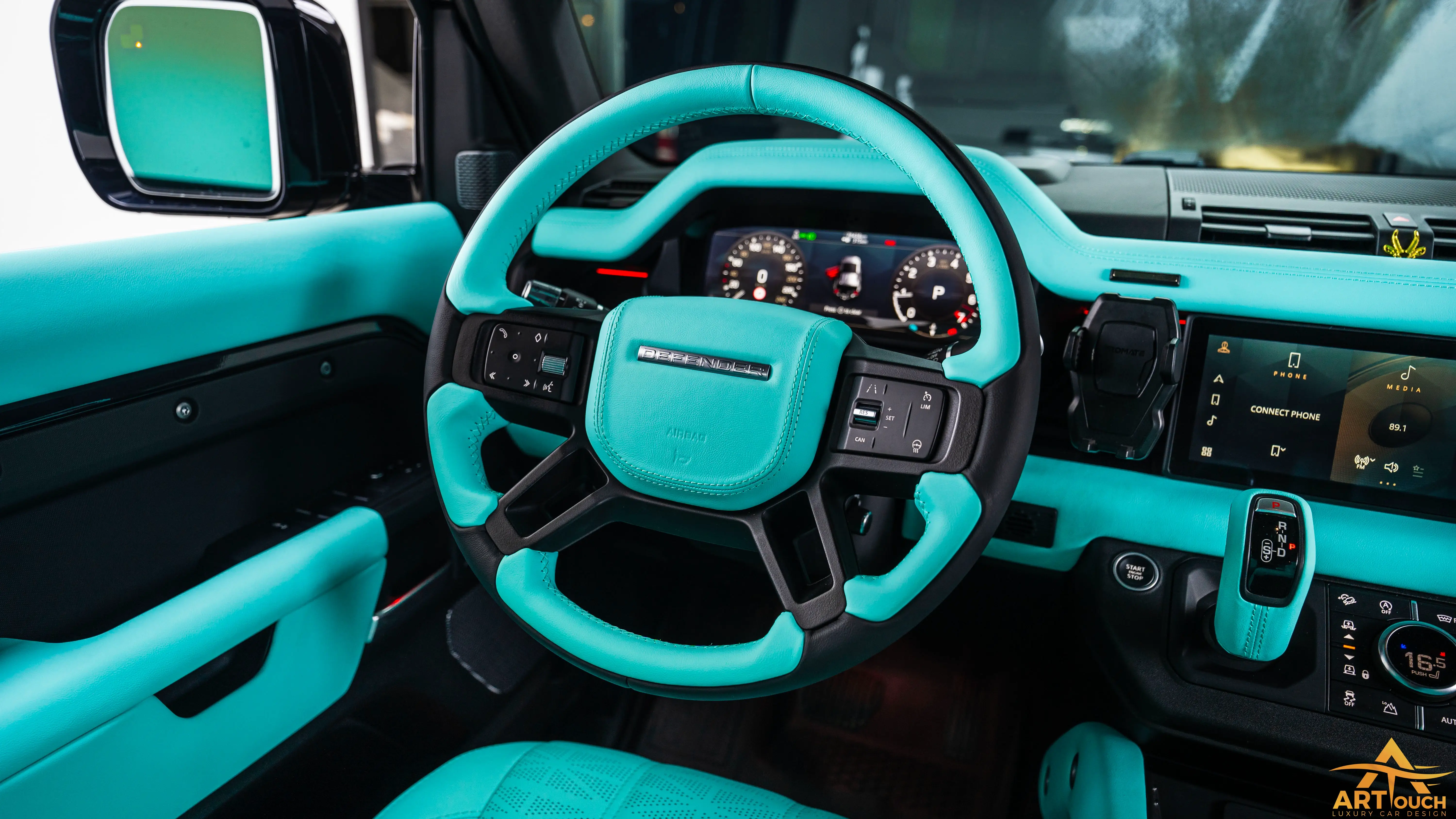 Land Rover Defender Tiffany Blue Leather Interior Upholstery Dubai ART Touch