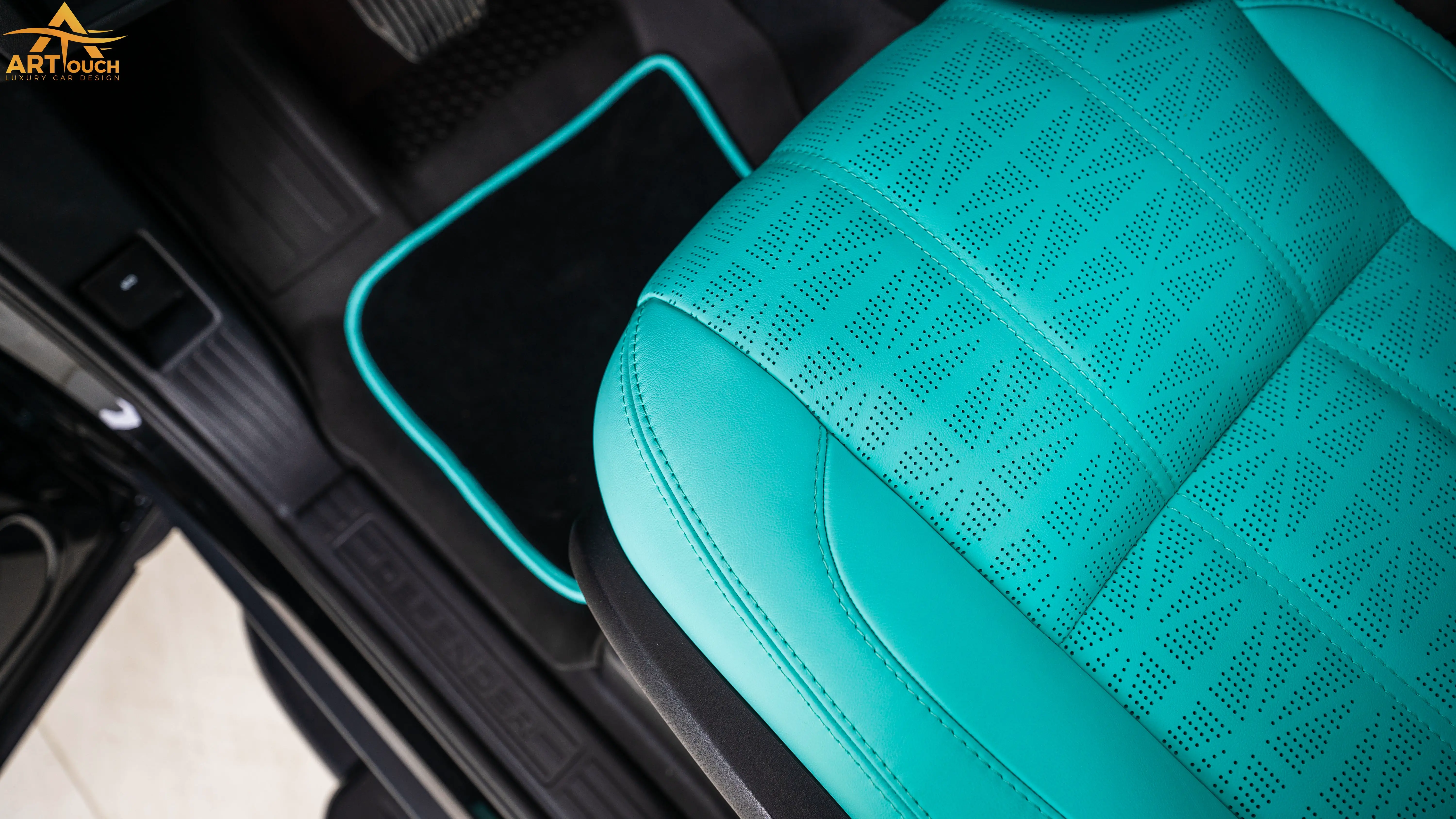 Land Rover Defender Tiffany Blue Leather Interior Upholstery Dubai ART Touch
