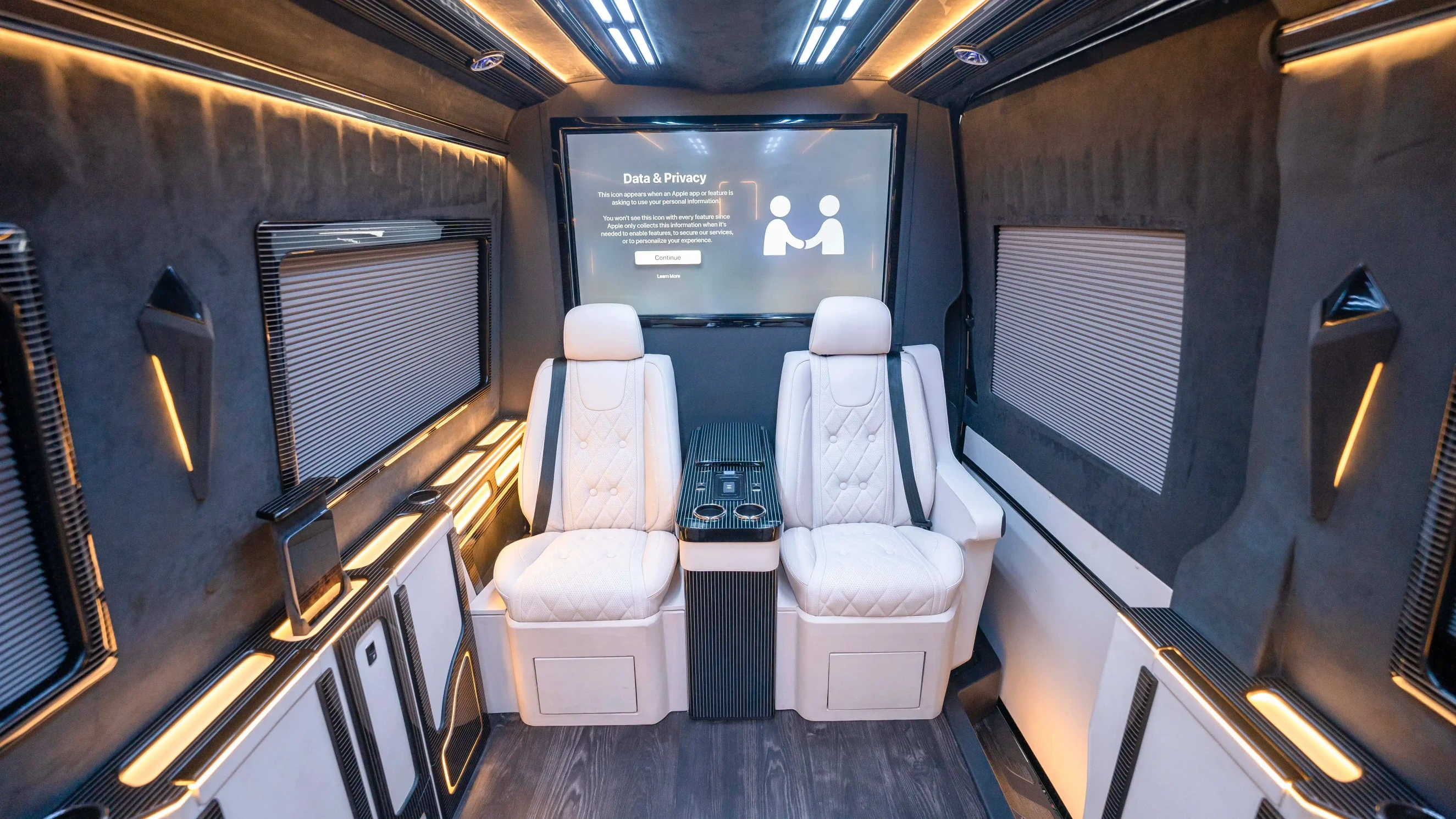 Dubai Mercedes Sprinter VIP Interior Conversion – Handmade White Leather & Alcantara Upholstery, Premium Lounge Seating, Elite Van Modification
